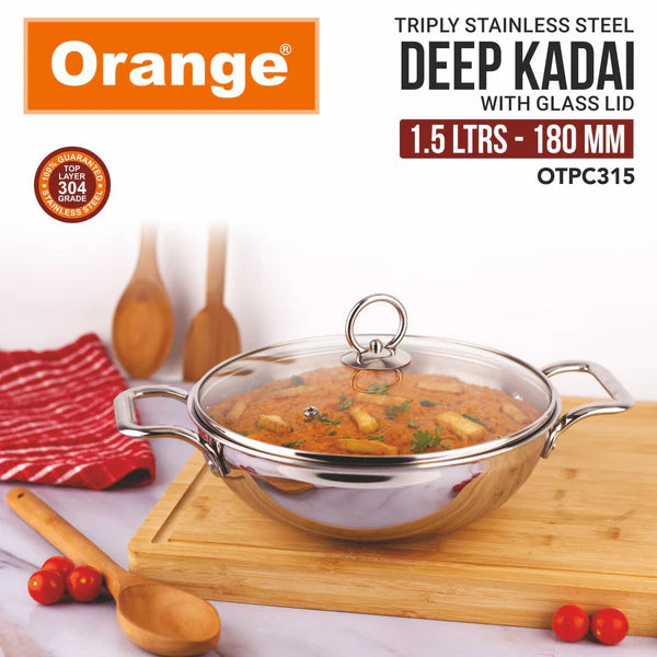 Orange TriPly Stainless Steel Deep Kadai with Glass Lid - Fast & Healthy Cooking