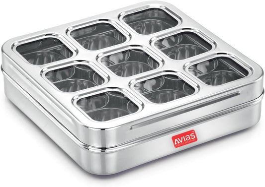 AVIAS Stainless Steel Square Spice Box – 9 Compartment Masala Dabba with See-Through Unbreakable Lid, Rust-Resistant Masala Organizer