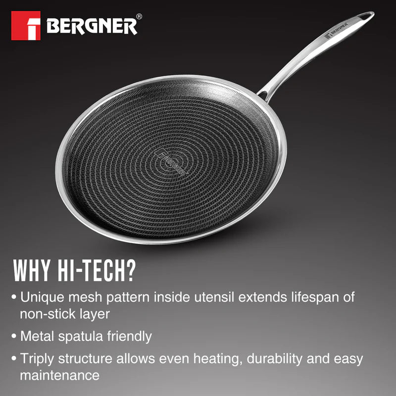 Bergner Hitech Tri-Ply Stainless Steel Non-Stick Dosa Tawa 30cm | PFAS-Free, Eterna Coating & Induction-Compatible Bottom