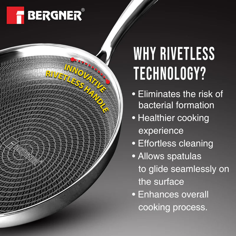 Bergner Hitech Tri-Ply Stainless Steel Non-Stick Frypan with Lid, PFOA-free, ILag Coating - Induction Bottom