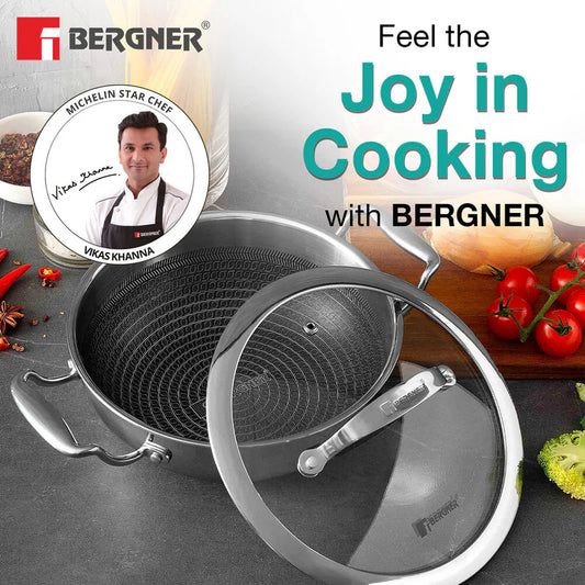 Bergner Hitech Tri-Ply Stainless Steel Non-Stick Kadai with Lid – PFOA-Free ILag Coating, Induction-Compatible and Dishwasher Safe