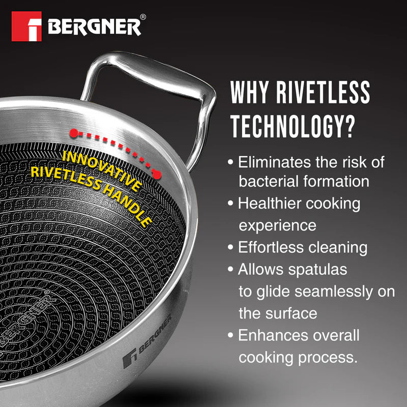 Bergner Hitech Tri-Ply Stainless Steel Non-Stick Kadhai with Lid, PFOA-free, ILag Coating - Induction Bottom