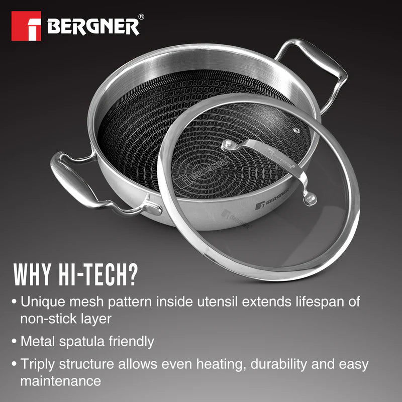 Bergner Hitech Tri-Ply Stainless Steel Non-Stick Kadhai with Lid, PFOA-free, ILag Coating - Induction Bottom