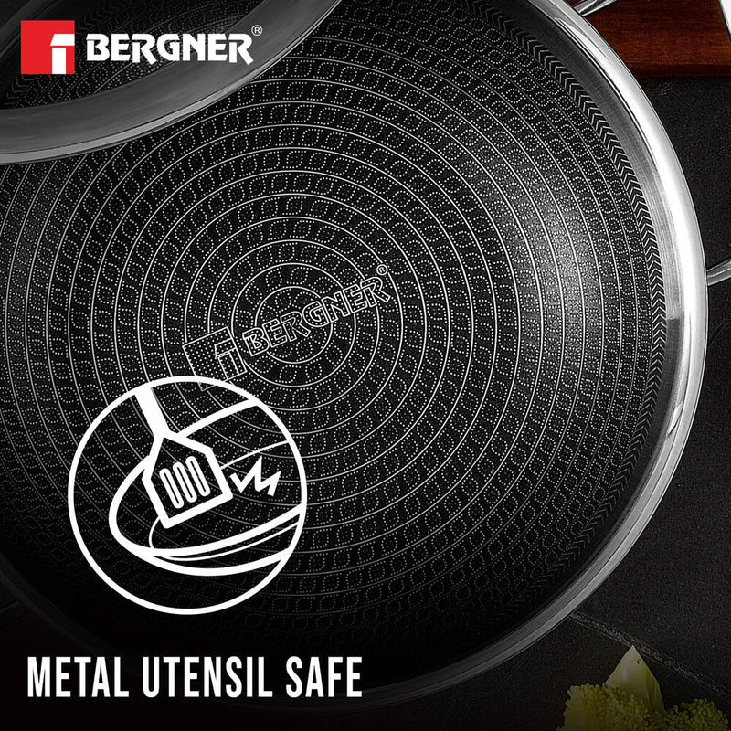 Bergner Hitech Tri-Ply Stainless Steel Non-Stick Kadhai with Lid, PFOA-free, ILag Coating - Induction Bottom