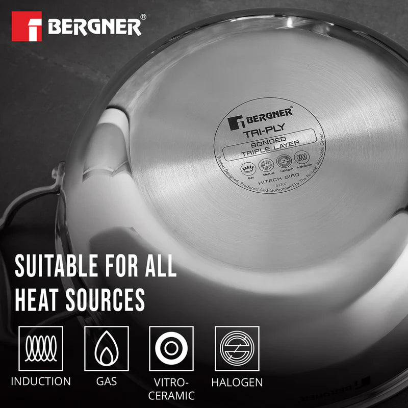 Bergner Hitech Tri-Ply Stainless Steel Non-Stick Kadhai with Lid, PFOA-free, ILag Coating - Induction Bottom