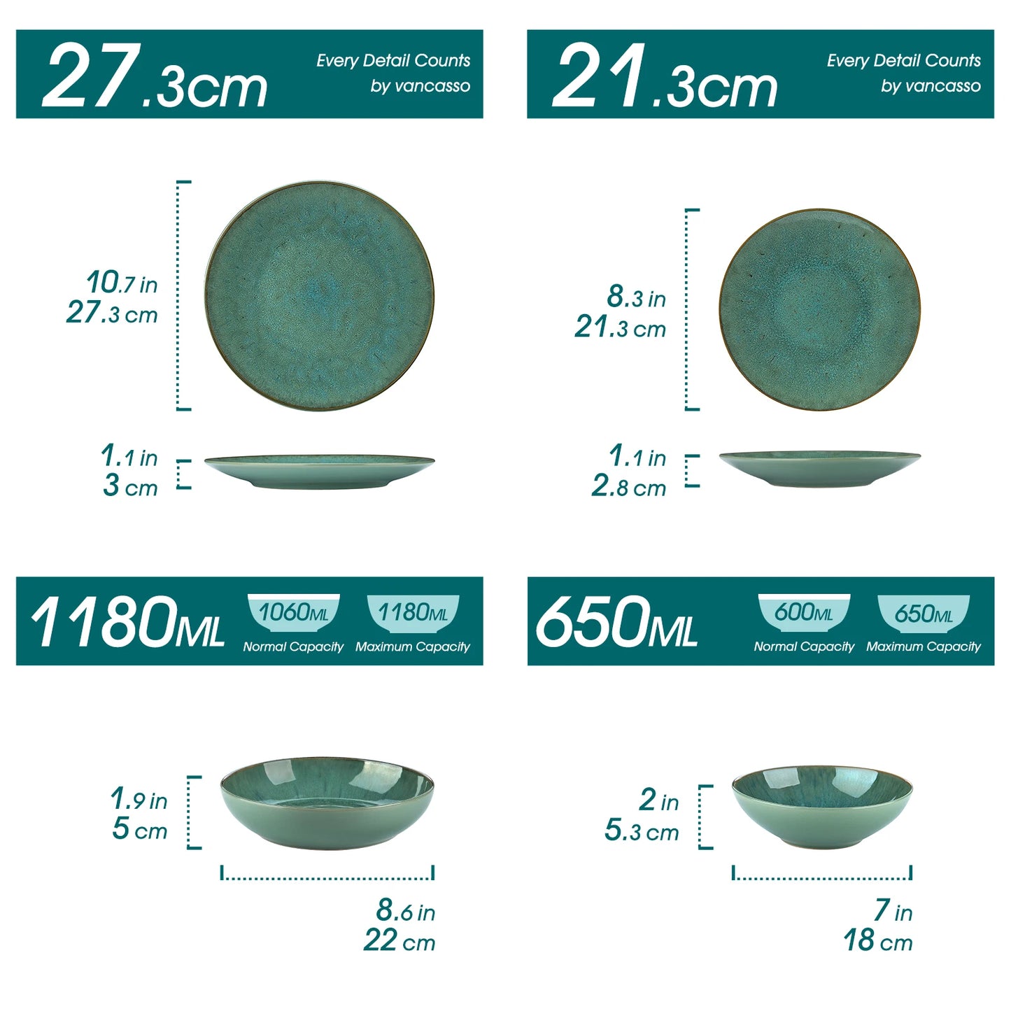 Vancasso 16 Piece Green Stoneware Tableware Set with Dinner Plates, Dessert Plates, Soup Bowls, and Mugs - Service for 4