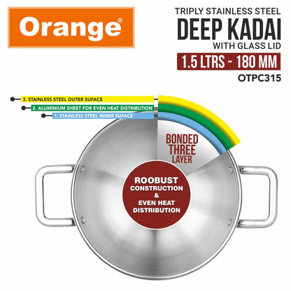 Orange TriPly Stainless Steel Deep Kadai with Glass Lid - Fast & Healthy Cooking