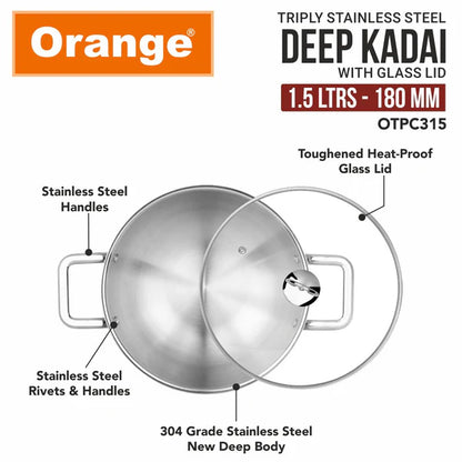 Orange TriPly Stainless Steel Deep Kadai with Glass Lid - Fast & Healthy Cooking
