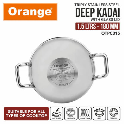 Orange TriPly Stainless Steel Deep Kadai with Glass Lid - Fast & Healthy Cooking