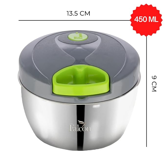 Food Grade Stainless Steel Handy Vegetable Chopper with 3 Blades & BPA-Free 450ml Storage Lid – Compact & Efficient (Green)