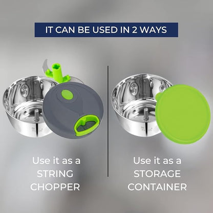 Food Grade Stainless Steel Handy Vegetable Chopper with 3 Blades & BPA-Free 450ml Storage Lid – Compact & Efficient (Green)
