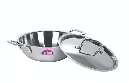 Aristo Triply Stainless Steel Kadhai with Lid | Induction Friendly | 4 Sizes Available