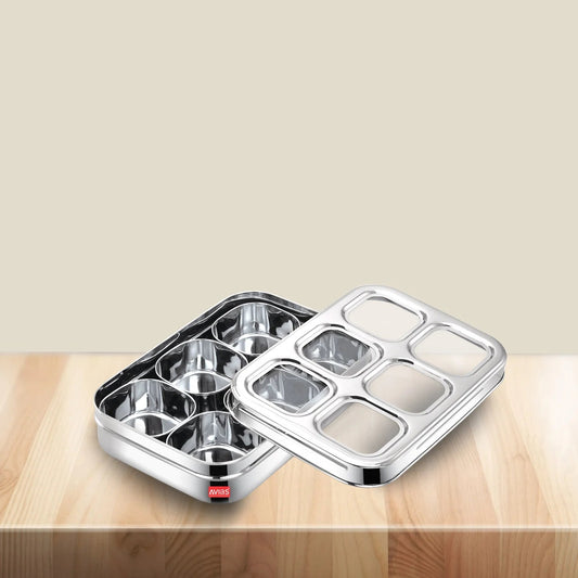 AVIAS Stainless Steel Square Spice Box – 6 Compartment Masala Dabba with See-Through Unbreakable Lid, Rust-Resistant Masala Organizer