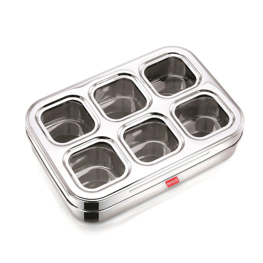 AVIAS Stainless Steel Square Spice Box – 6 Compartment Masala Dabba with See-Through Unbreakable Lid, Rust-Resistant Masala Organizer