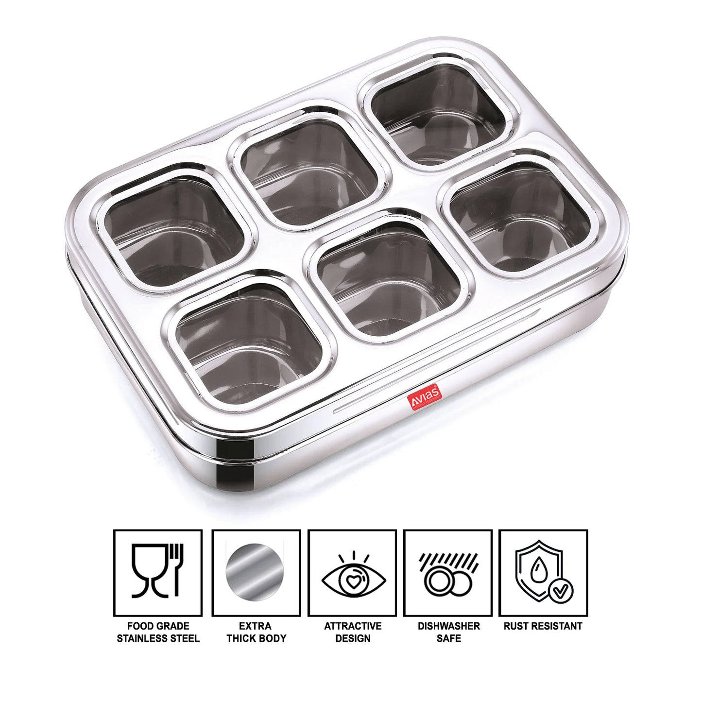 AVIAS Stainless Steel Square Spice Box – 6 Compartment Masala Dabba with See-Through Unbreakable Lid, Rust-Resistant Masala Organizer