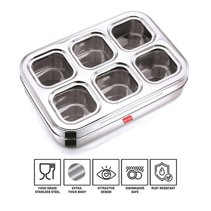 AVIAS Stainless Steel Square Spice Box – 6 Compartment Masala Dabba with See-Through Unbreakable Lid, Rust-Resistant Masala Organizer