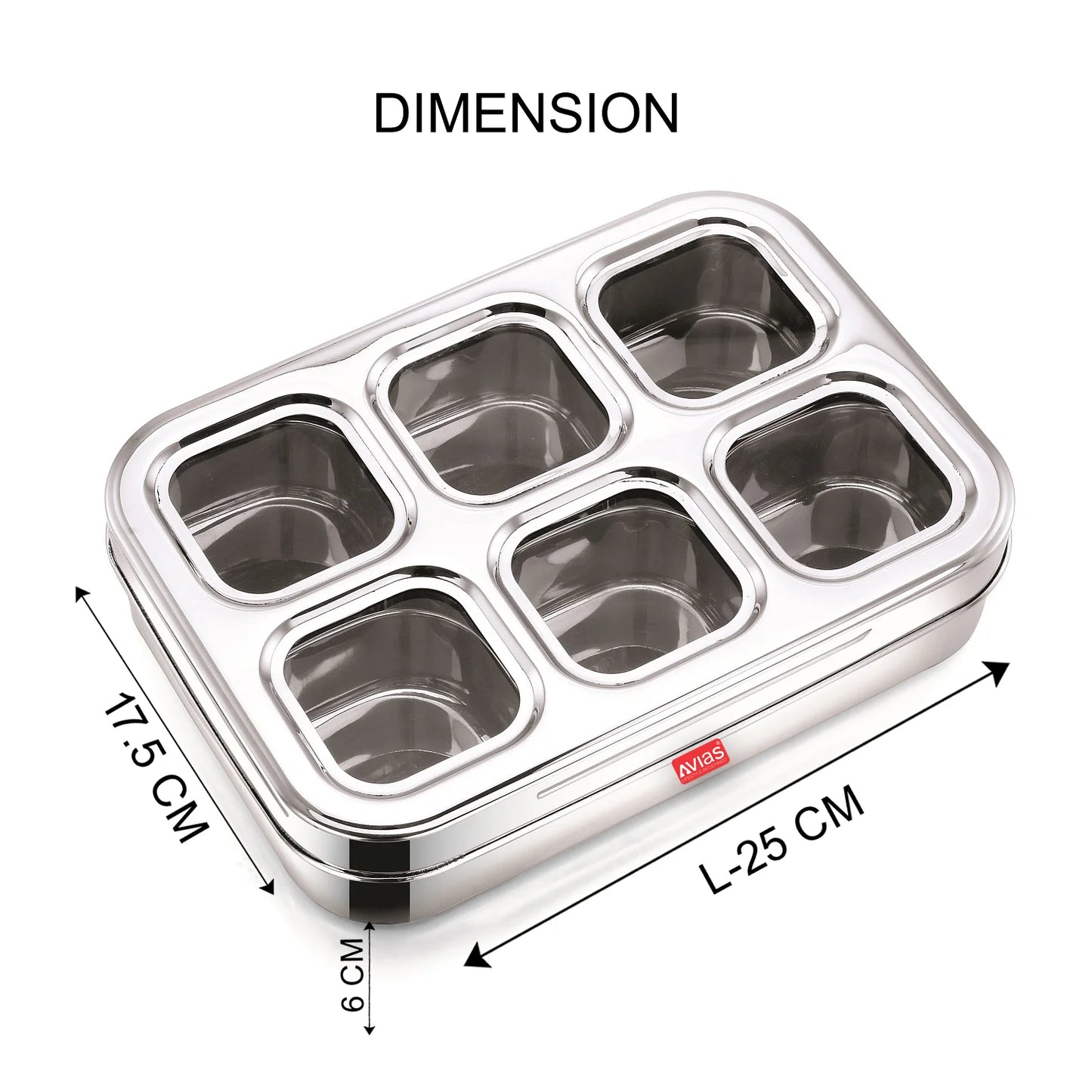 AVIAS Stainless Steel Square Spice Box – 6 Compartment Masala Dabba with See-Through Unbreakable Lid, Rust-Resistant Masala Organizer