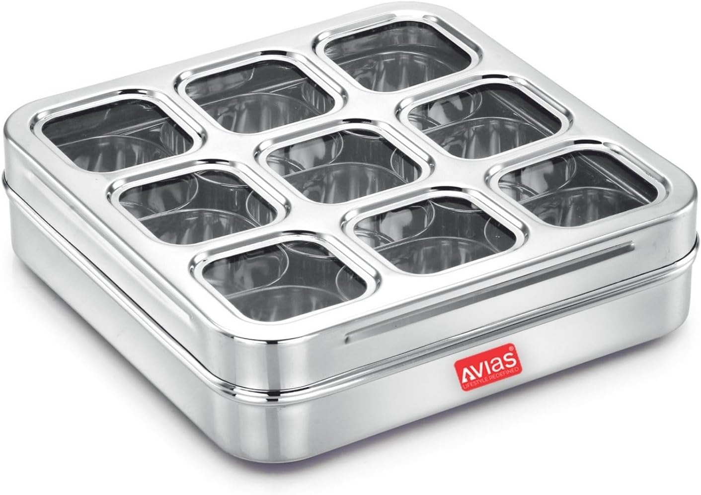 AVIAS Stainless Steel Square Spice Box – 9 Compartment Masala Dabba with See-Through Unbreakable Lid, Rust-Resistant Masala Organizer