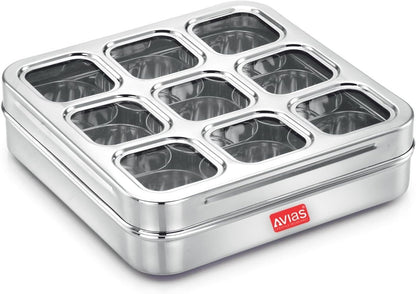AVIAS Stainless Steel Square Spice Box – 9 Compartment Masala Dabba with See-Through Unbreakable Lid, Rust-Resistant Masala Organizer