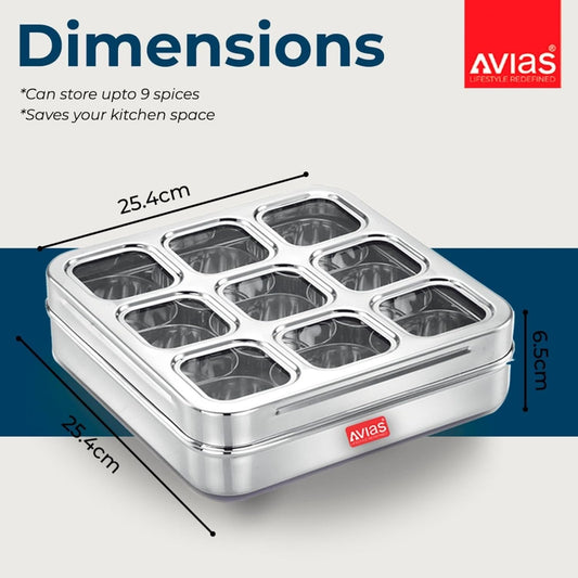 AVIAS Stainless Steel Square Spice Box – 9 Compartment Masala Dabba with See-Through Unbreakable Lid, Rust-Resistant Masala Organizer