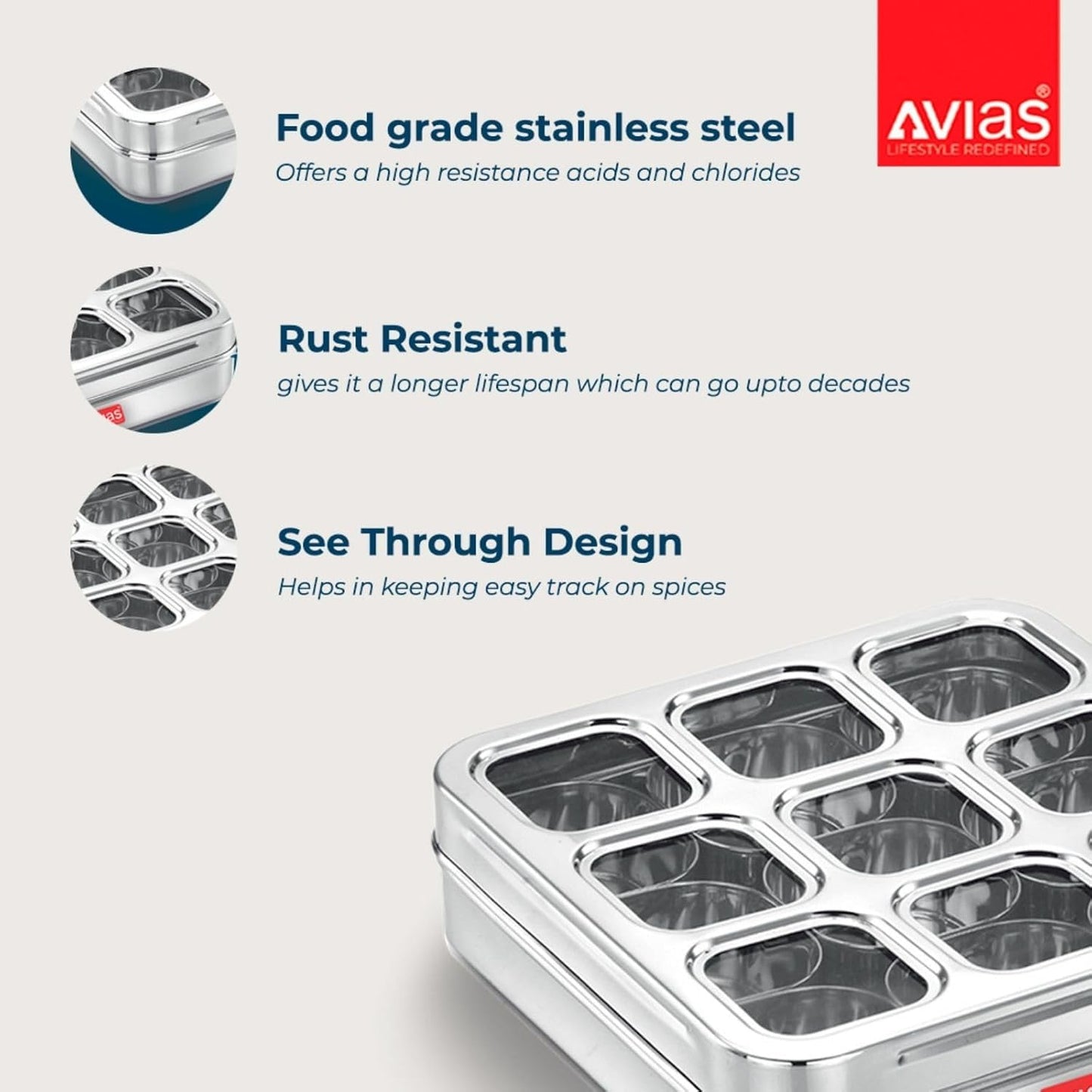 AVIAS Stainless Steel Square Spice Box – 9 Compartment Masala Dabba with See-Through Unbreakable Lid, Rust-Resistant Masala Organizer