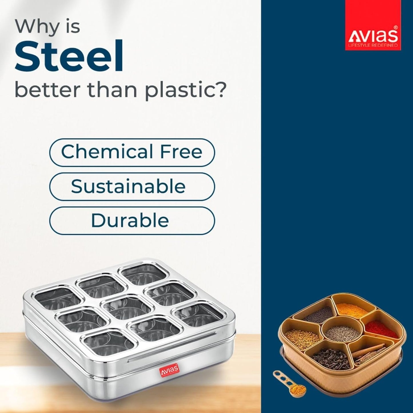 AVIAS Stainless Steel Square Spice Box – 9 Compartment Masala Dabba with See-Through Unbreakable Lid, Rust-Resistant Masala Organizer