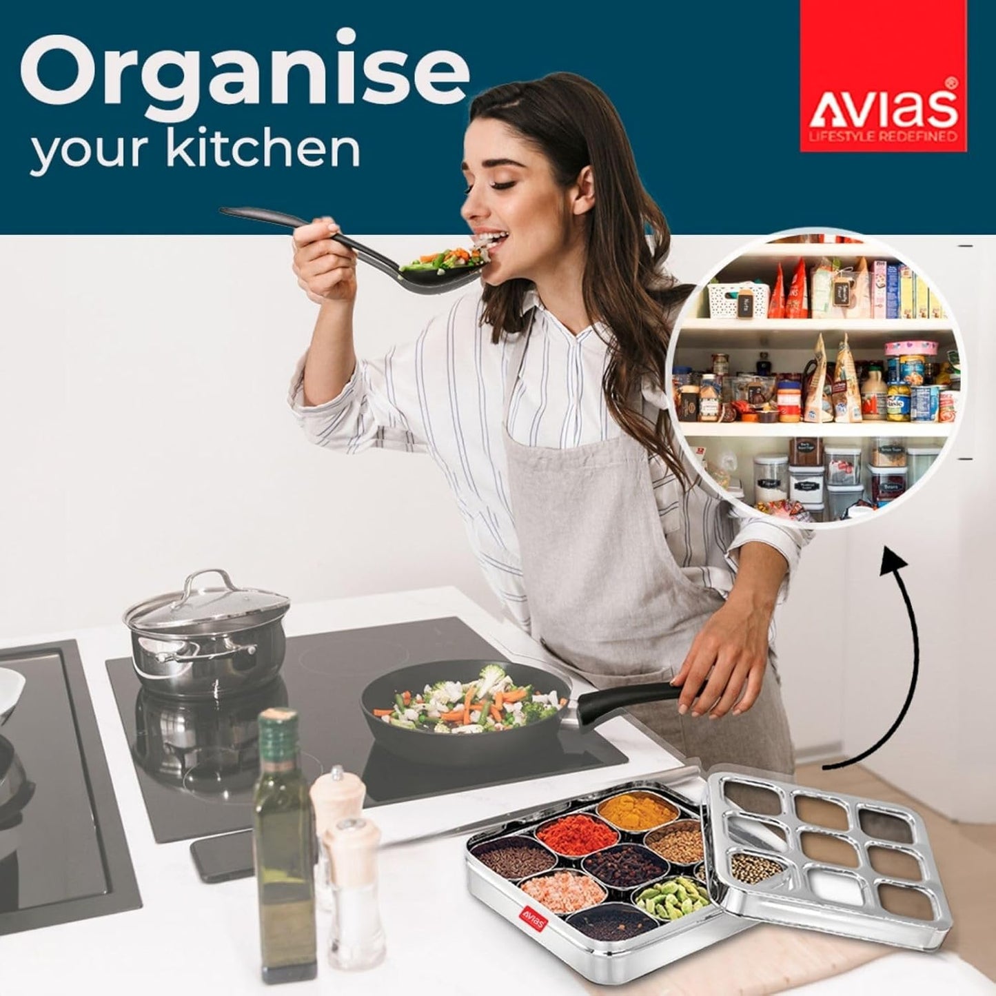 AVIAS Stainless Steel Square Spice Box – 9 Compartment Masala Dabba with See-Through Unbreakable Lid, Rust-Resistant Masala Organizer