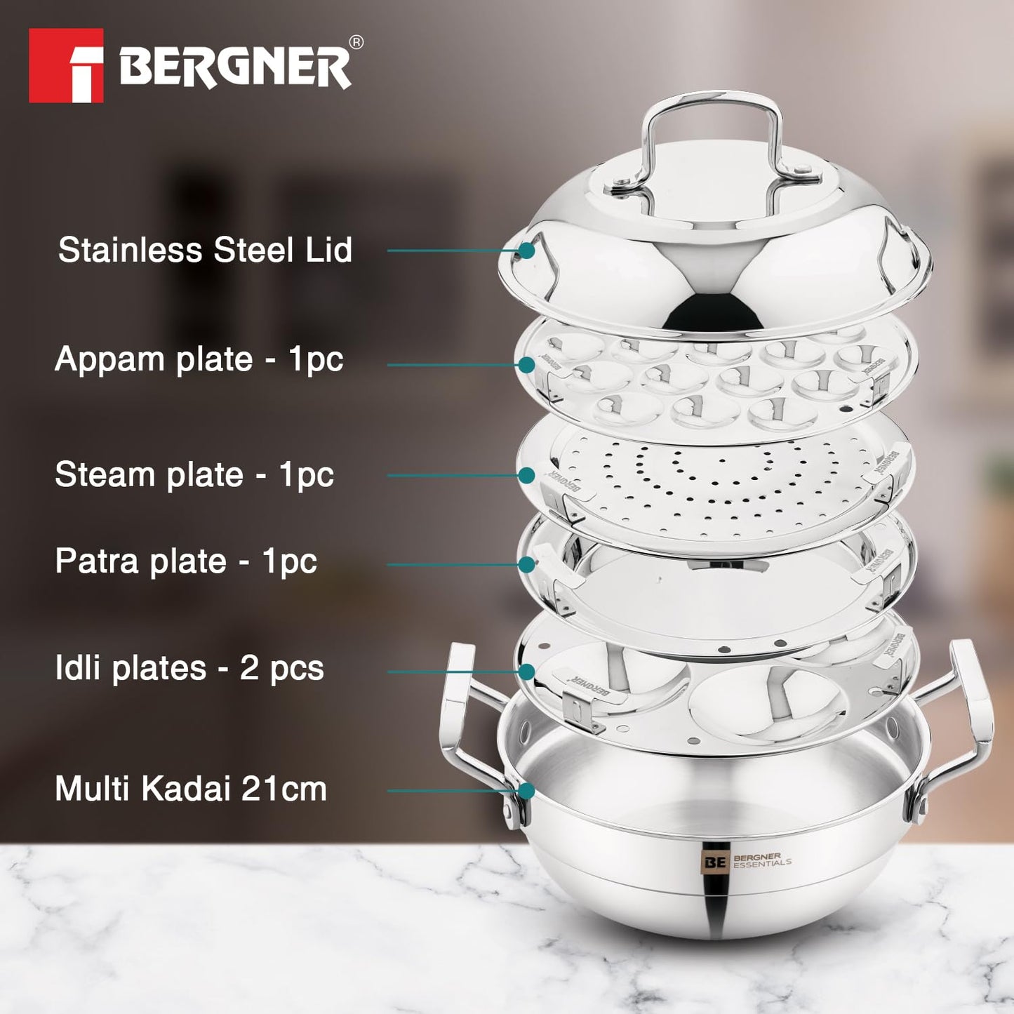 BERGNER BE Essentials Triply Stainless Steel 21cm Multi Kadai