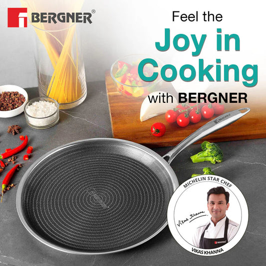 Bergner Hitech Tri-Ply Stainless Steel Non-Stick Dosa Tawa 30cm | PFAS-Free, Eterna Coating & Induction-Compatible Bottom