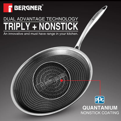 Bergner Hitech Tri-Ply Stainless Steel Non-Stick Dosa Tawa 30cm | PFAS-Free, Eterna Coating & Induction-Compatible Bottom