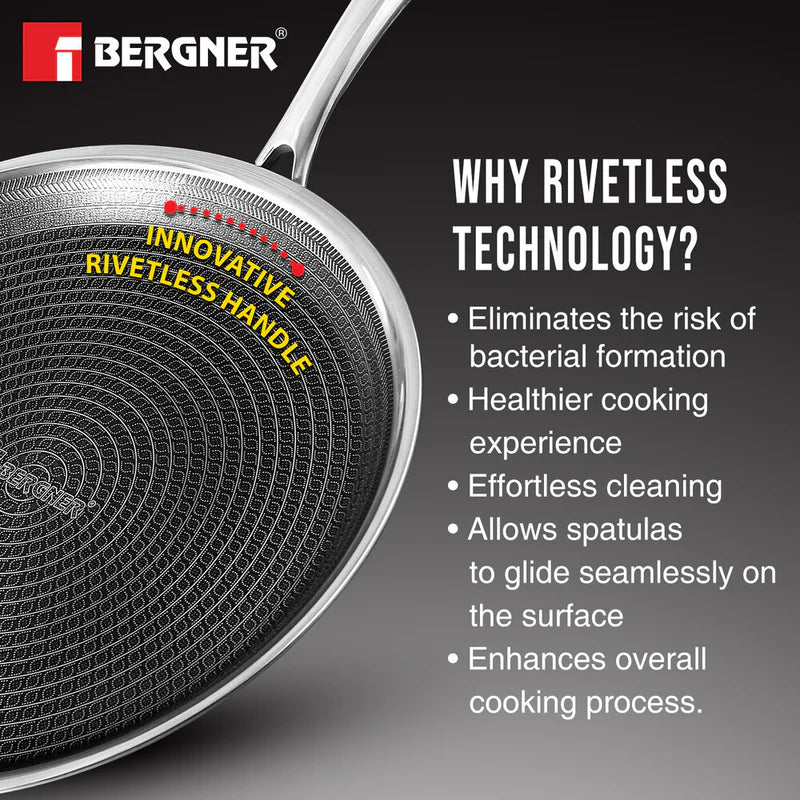 Bergner Hitech Tri-Ply Stainless Steel Non-Stick Dosa Tawa 30cm | PFAS-Free, Eterna Coating & Induction-Compatible Bottom