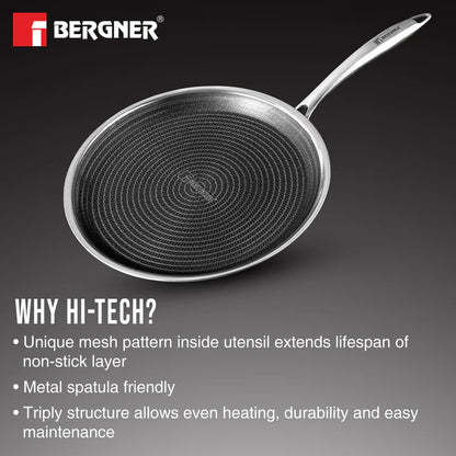 Bergner Hitech Tri-Ply Stainless Steel Non-Stick Dosa Tawa 30cm | PFAS-Free, Eterna Coating & Induction-Compatible Bottom
