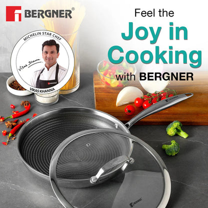 Bergner Hitech Tri-Ply Stainless Steel Non-Stick Frypan with Lid - PFOA-Free, ILag Coating, Induction Bottom and Dishwasher Safe