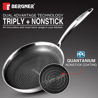 Bergner Hitech Tri-Ply Stainless Steel Non-Stick Frypan with Lid - PFOA-Free, ILag Coating, Induction Bottom and Dishwasher Safe
