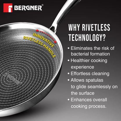 Bergner Hitech Tri-Ply Stainless Steel Non-Stick Frypan with Lid - PFOA-Free, ILag Coating, Induction Bottom and Dishwasher Safe