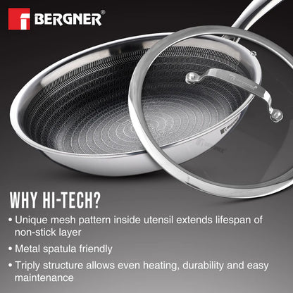 Bergner Hitech Tri-Ply Stainless Steel Non-Stick Frypan with Lid - PFOA-Free, ILag Coating, Induction Bottom and Dishwasher Safe