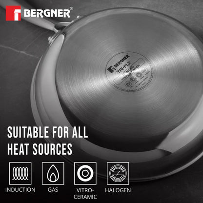 Bergner Hitech Tri-Ply Stainless Steel Non-Stick Frypan with Lid - PFOA-Free, ILag Coating, Induction Bottom and Dishwasher Safe