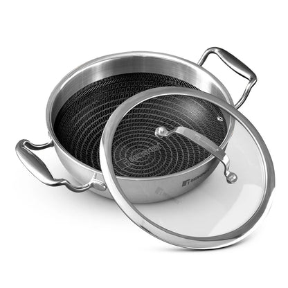 Bergner Hitech Tri-Ply Stainless Steel Non-Stick Kadai with Lid – PFOA-Free ILag Coating, Induction-Compatible and Dishwasher Safe