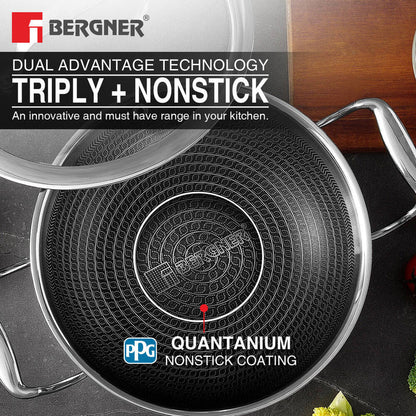 Bergner Hitech Tri-Ply Stainless Steel Non-Stick Kadai with Lid – PFOA-Free ILag Coating, Induction-Compatible and Dishwasher Safe
