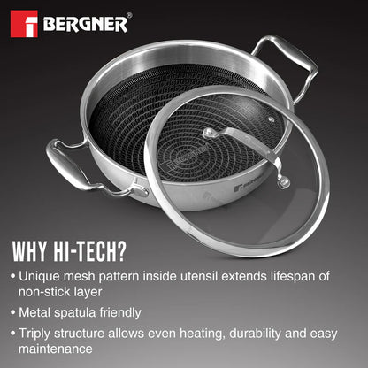 Bergner Hitech Tri-Ply Stainless Steel Non-Stick Kadai with Lid – PFOA-Free ILag Coating, Induction-Compatible and Dishwasher Safe