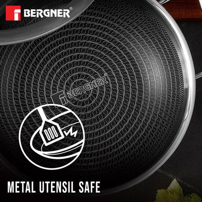 Bergner Hitech Tri-Ply Stainless Steel Non-Stick Kadai with Lid – PFOA-Free ILag Coating, Induction-Compatible and Dishwasher Safe