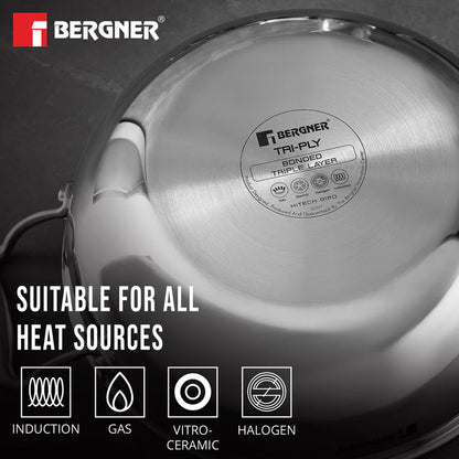 Bergner Hitech Tri-Ply Stainless Steel Non-Stick Kadai with Lid – PFOA-Free ILag Coating, Induction-Compatible and Dishwasher Safe