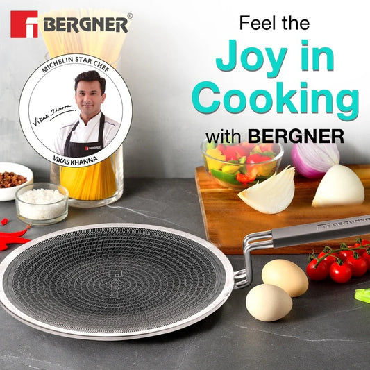 Bergner Hi-Tech Tri-Ply Stainless Steel Non-Stick Roti Tawa 26cm – Induction Base Flat Tawa for Roti, Chapati & Paratha