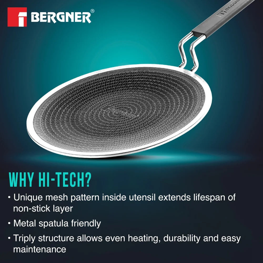 Bergner Hi-Tech Tri-Ply Stainless Steel Non-Stick Roti Tawa 26cm – Induction Base Flat Tawa for Roti, Chapati & Paratha
