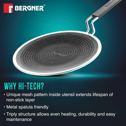 Bergner Hi-Tech Tri-Ply Stainless Steel Non-Stick Roti Tawa 26cm – Induction Base Flat Tawa for Roti, Chapati & Paratha