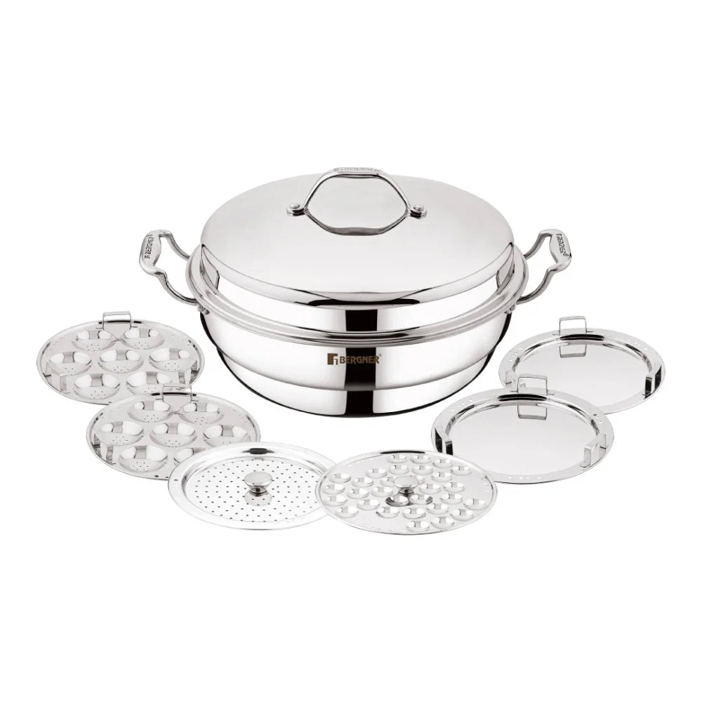 Bergner Argent Tri-Ply Multi Kadai with Lid and 6 Plates