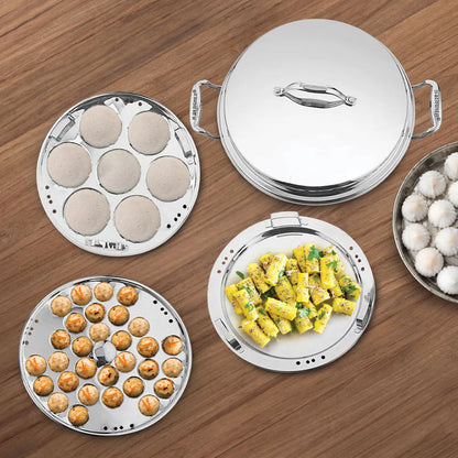 Bergner Argent Tri-Ply Multi Kadai with Lid and 6 Plates