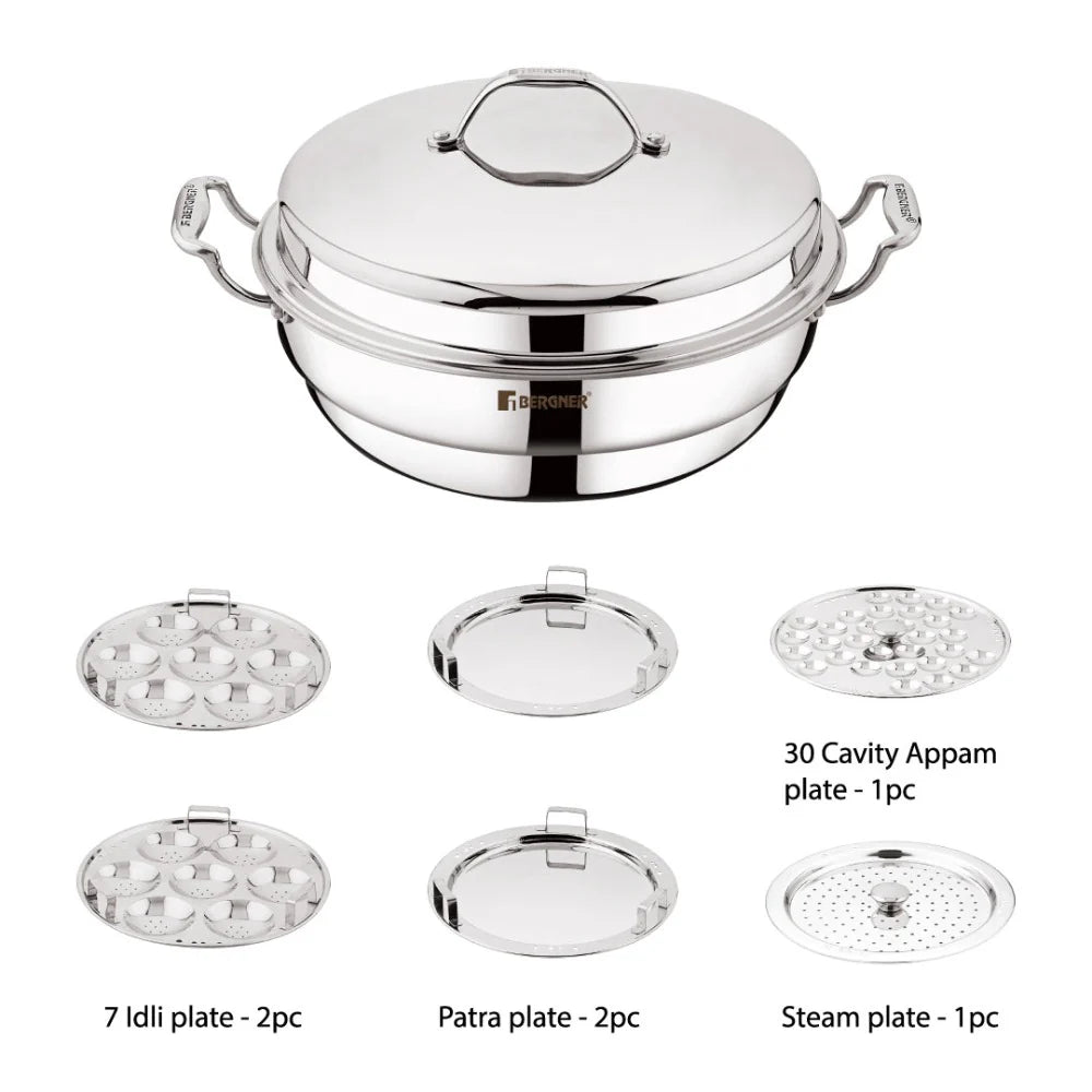 Bergner Argent Tri-Ply Multi Kadai with Lid and 6 Plates