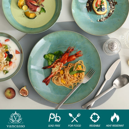 Vancasso 16 Piece Green Stoneware Tableware Set with Dinner Plates, Dessert Plates, Soup Bowls, and Mugs - Service for 4