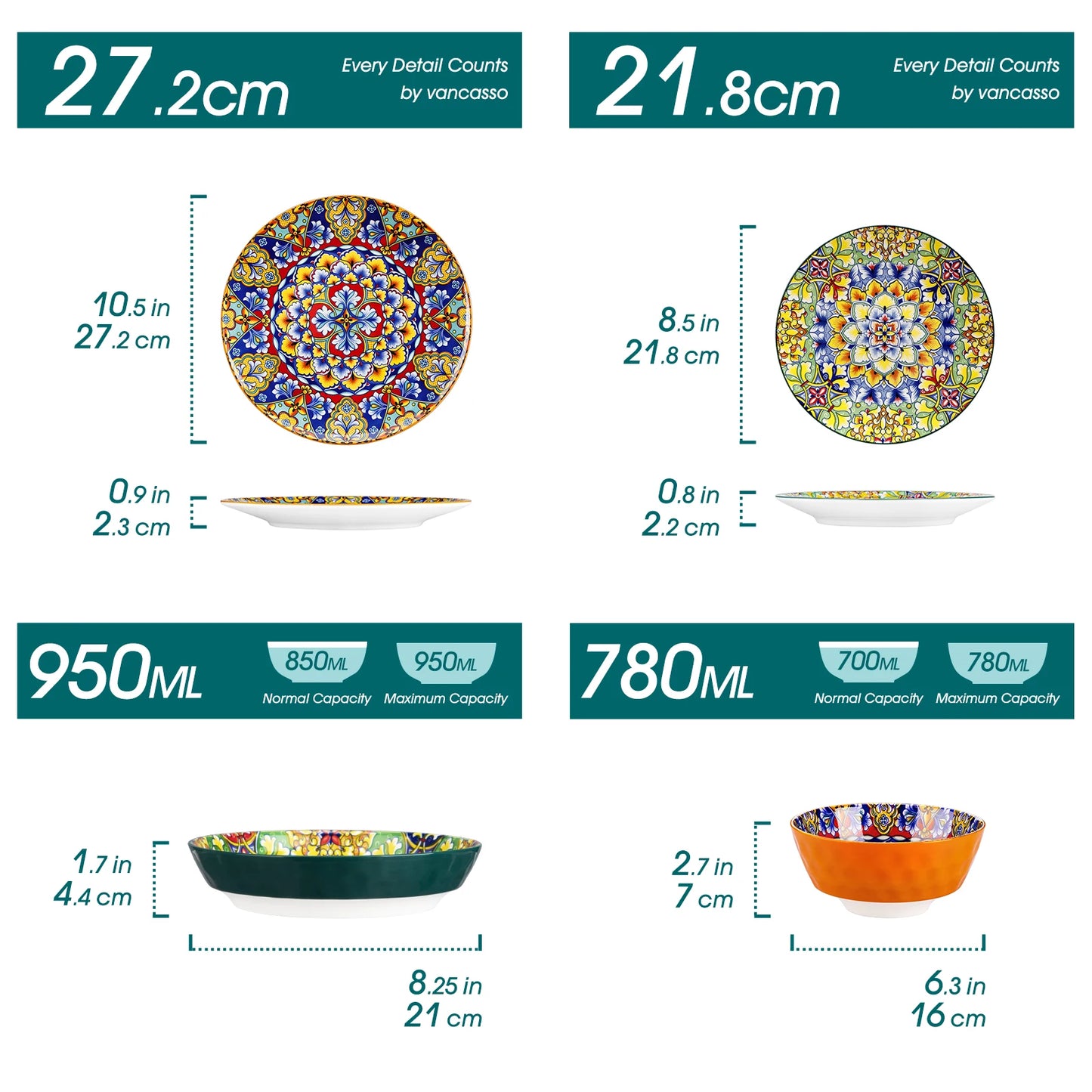 Vancasso 6-24 Piece Ceramic Dinnerware Set – Bohemian Style Plates and Bowls – Stoneware for Dinner, Dessert, Cereal, and Pasta